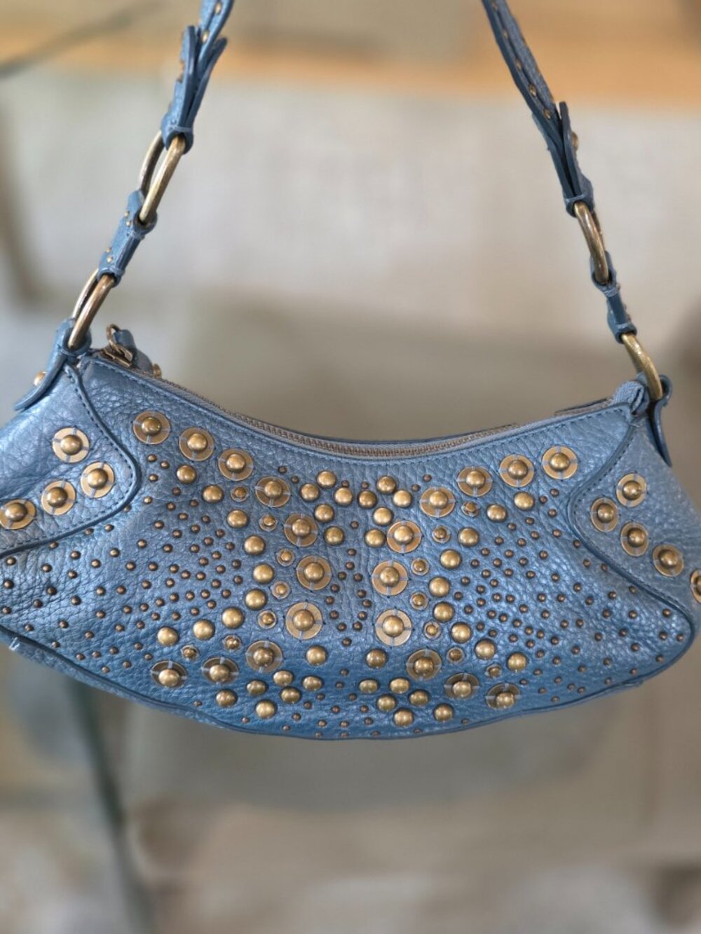 Vintage Cole Haan Village Blue Leather Studded Shoulder Bag